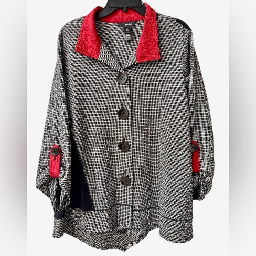 Ali Miles Textured Button-Front Tunic Top Women’s Large–Black/White Check NWOT